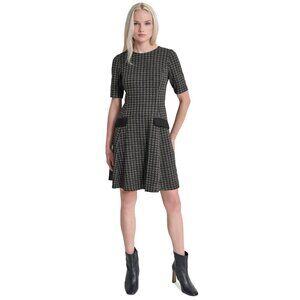 DKNY Womens Houndstooth A-Line Dress W/ Faux Suede Pockets Size 2 Black/Beige